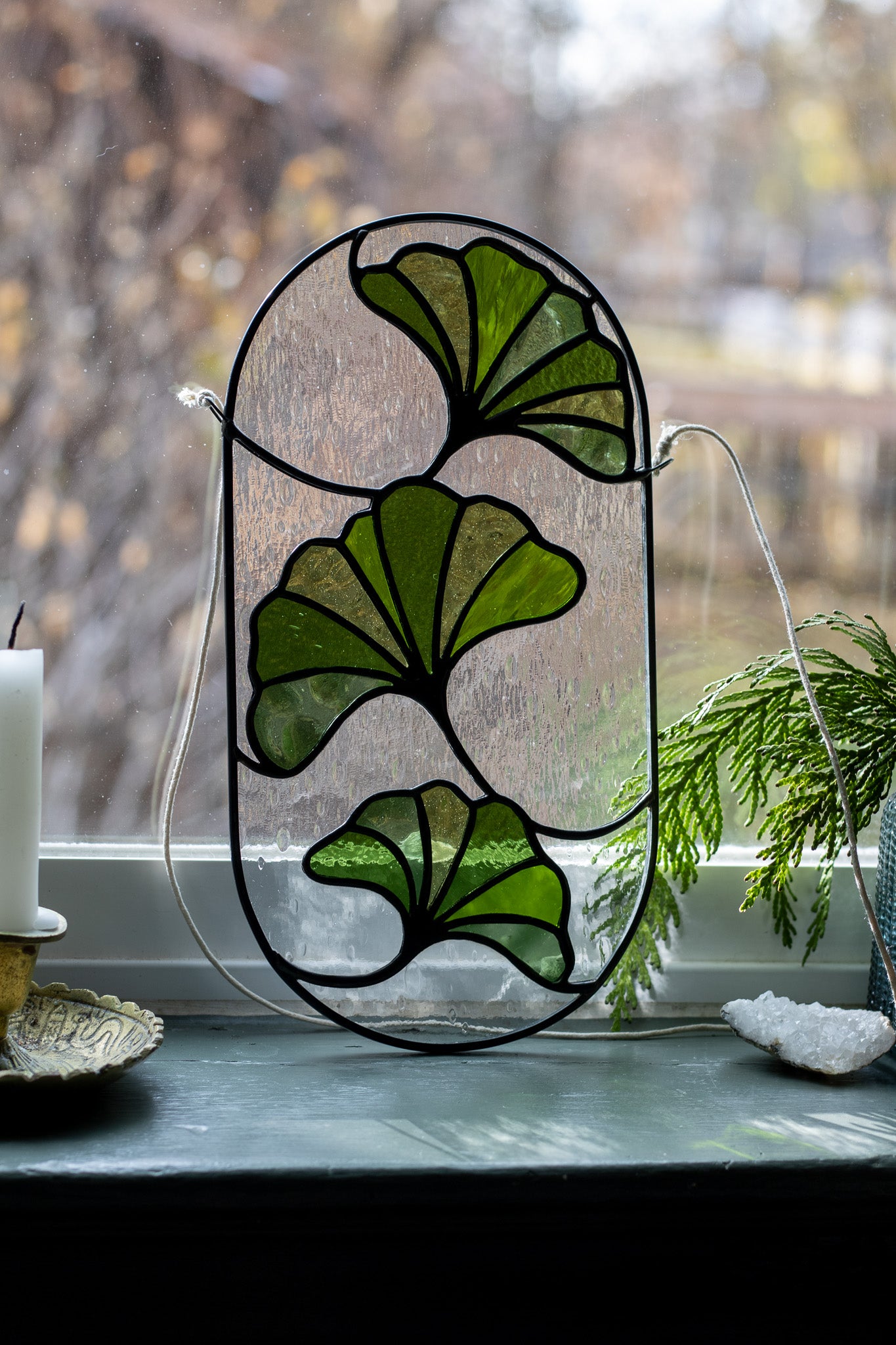 Large Green Ginkgo Leaves Suncatcher