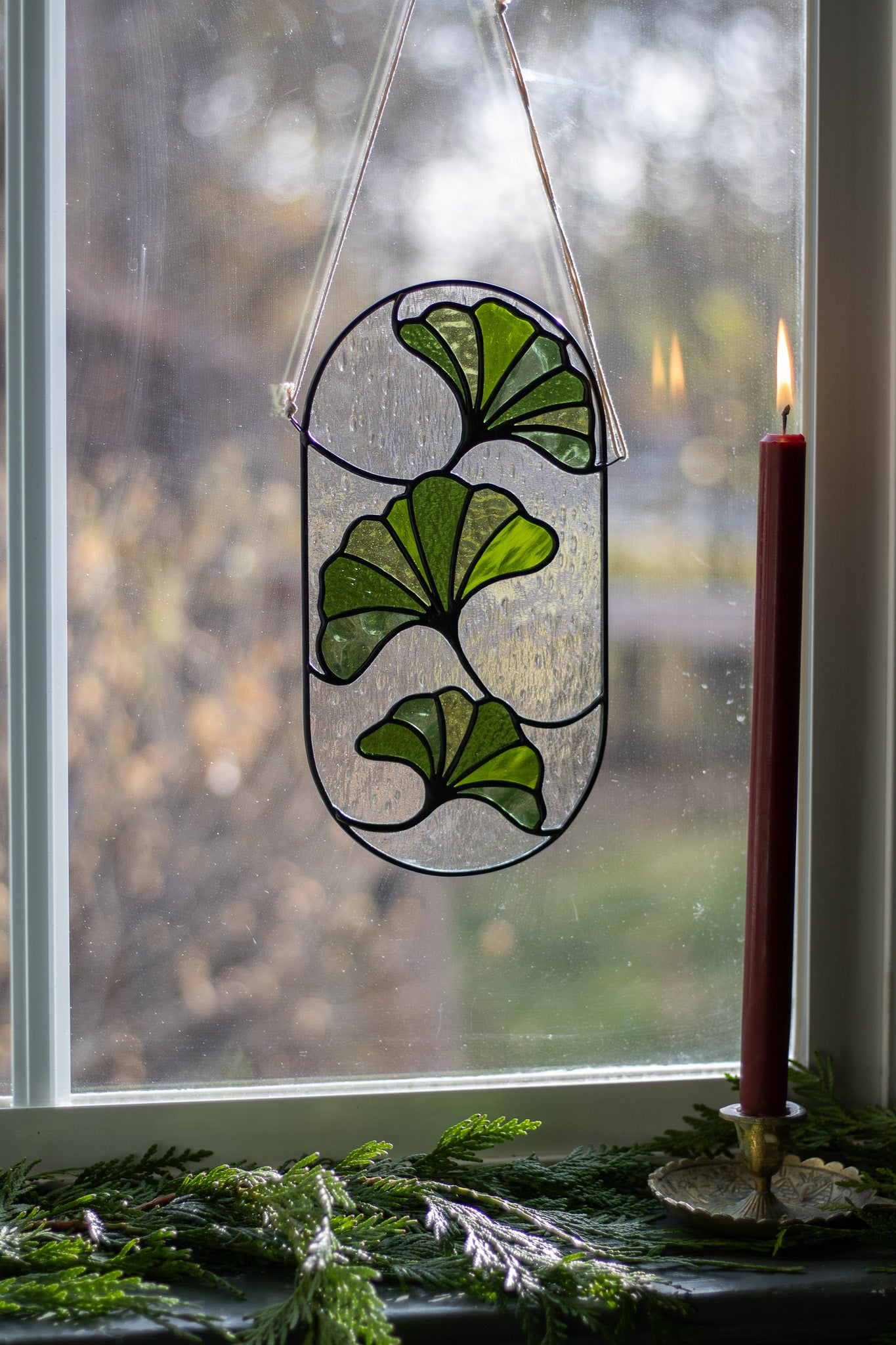 Large Green Ginkgo Leaves Suncatcher